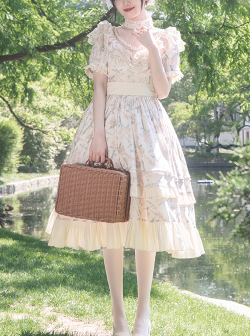 Summer Solstice Series Lace Translucent Design Daisy Cherry Floral Print Ruffle Hem Summer Classic Lolita Short Sleeve Dress