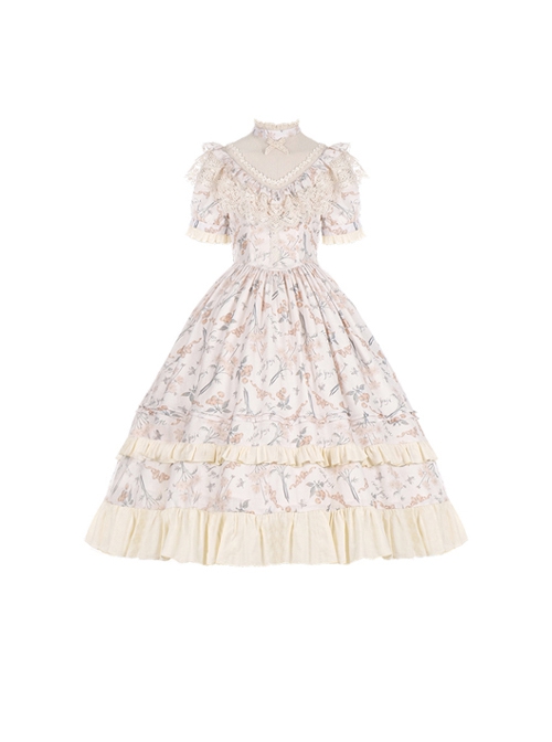 Summer Solstice Series Lace Translucent Design Daisy Cherry Floral Print Ruffle Hem Summer Classic Lolita Short Sleeve Dress