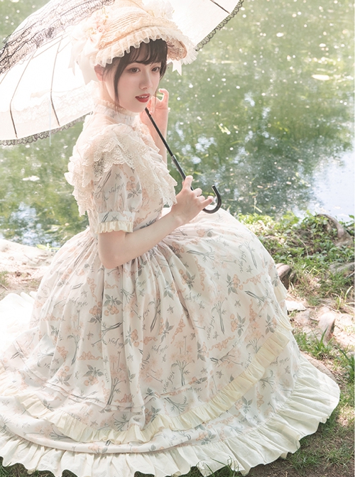 Summer Solstice Series Lace Translucent Design Daisy Cherry Floral Print Ruffle Hem Summer Classic Lolita Short Sleeve Dress