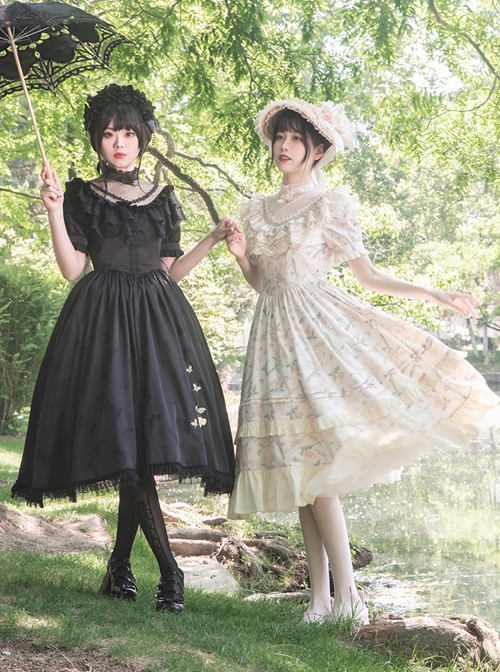 Summer Solstice Series Lace Translucent Design Daisy Cherry Floral Print Ruffle Hem Summer Classic Lolita Short Sleeve Dress