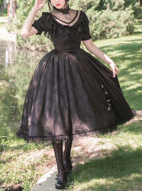 Summer Solstice Series Black Lace Elegant Butterfly Cherry Floral Print Summer Daily Classic Lolita Short Sleeve Dress