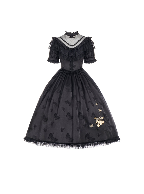 Summer Solstice Series Black Lace Elegant Butterfly Cherry Floral Print Summer Daily Classic Lolita Short Sleeve Dress