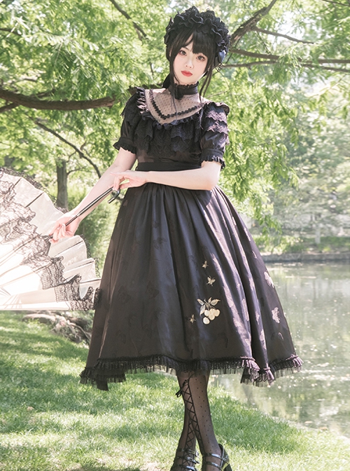 Summer Solstice Series Black Lace Elegant Butterfly Cherry Floral Print Summer Daily Classic Lolita Short Sleeve Dress