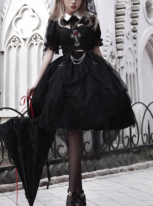 White Lapel Lace Hollow Design Cross Rose Embroidery Sweet Cool Girl Gothic Lolita Black Short-Sleeved Top Skirt Suit