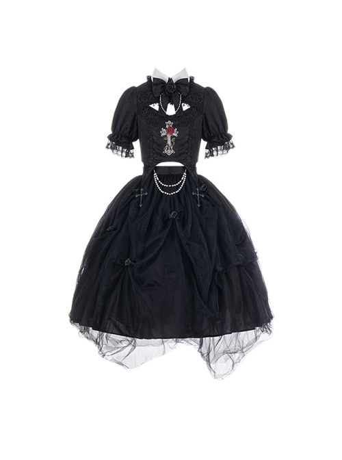 White Lapel Lace Hollow Design Cross Rose Embroidery Sweet Cool Girl Gothic Lolita Black Short-Sleeved Top Skirt Suit