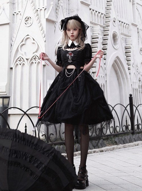 White Lapel Lace Hollow Design Cross Rose Embroidery Sweet Cool Girl Gothic Lolita Black Short-Sleeved Top Skirt Suit