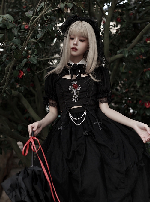 White Lapel Lace Hollow Design Cross Rose Embroidery Sweet Cool Girl Gothic Lolita Black Short-Sleeved Top Skirt Suit