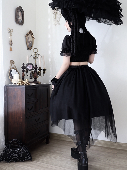 White Lapel Lace Hollow Design Cross Rose Embroidery Sweet Cool Girl Gothic Lolita Black Short-Sleeved Top Skirt Suit