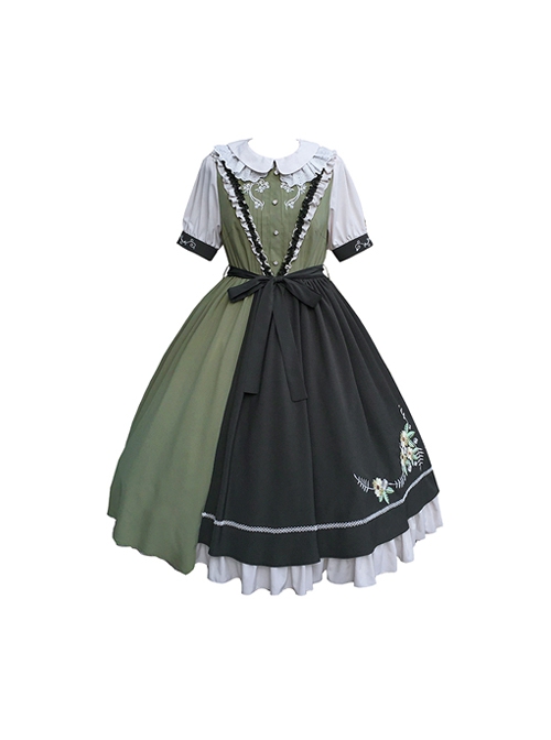 Summer Embroidered Doll Collar Cute Puff Sleeves Green Little Daisy Embroidered Stitching Hem Classic Lolita Short Sleeve Dress