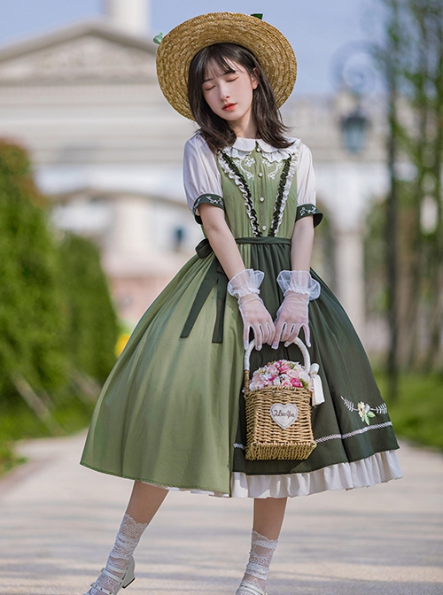 Summer Embroidered Doll Collar Cute Puff Sleeves Green Little Daisy Embroidered Stitching Hem Classic Lolita Short Sleeve Dress