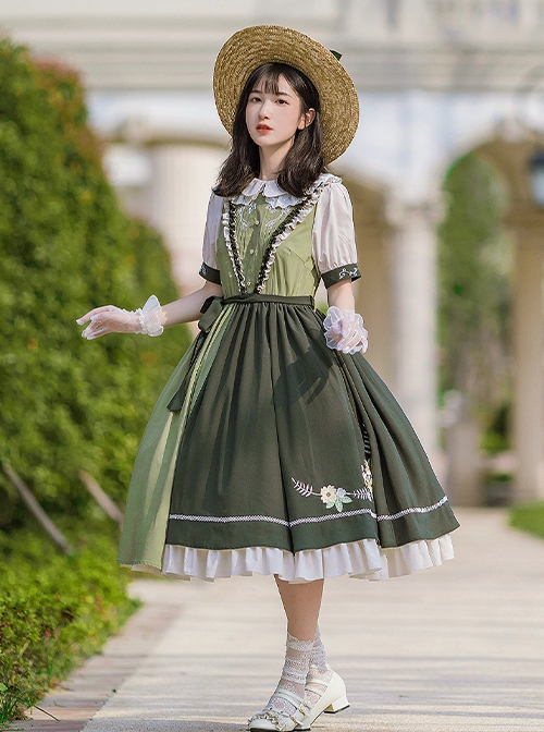 Summer Embroidered Doll Collar Cute Puff Sleeves Green Little Daisy Embroidered Stitching Hem Classic Lolita Short Sleeve Dress