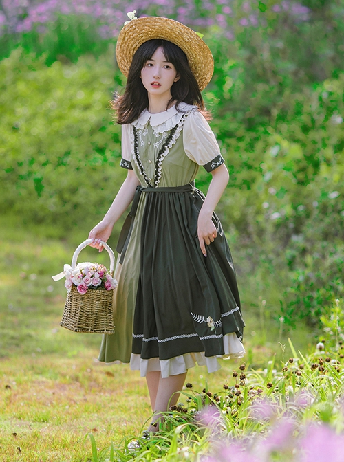 Summer Embroidered Doll Collar Cute Puff Sleeves Green Little Daisy Embroidered Stitching Hem Classic Lolita Short Sleeve Dress