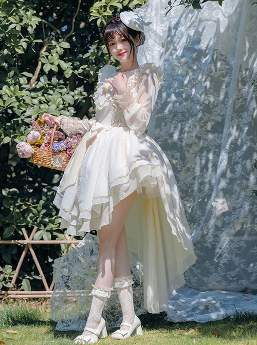 Elegant Summer Pure Color V Neck Bowknot Decoration Front Short Back Long Irregular Hem Design Classic Lolita Sleeveless Dress