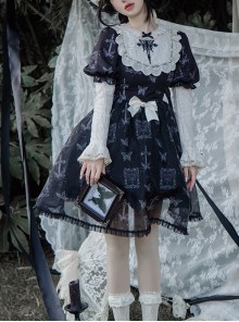 Lace Stitching Round Neck Butterfly Embroidery Cute Puff Sleeve Butterfly Print Daily Simple Gothic Lolita Short Sleeve Dress