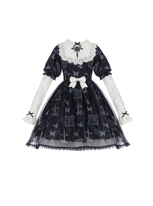 Lace Stitching Round Neck Butterfly Embroidery Cute Puff Sleeve Butterfly Print Daily Simple Gothic Lolita Short Sleeve Dress