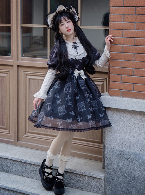 Lace Stitching Round Neck Butterfly Embroidery Cute Puff Sleeve Butterfly Print Daily Simple Gothic Lolita Short Sleeve Dress
