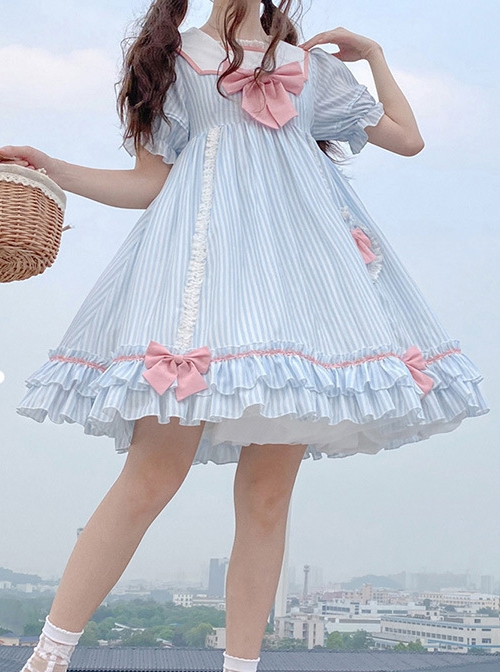 Summer Sweetheart Series Fresh Daily Navy Collar High Waist Striped Love Bowknot Lace Sweet Lolita Short Sleeve Dress