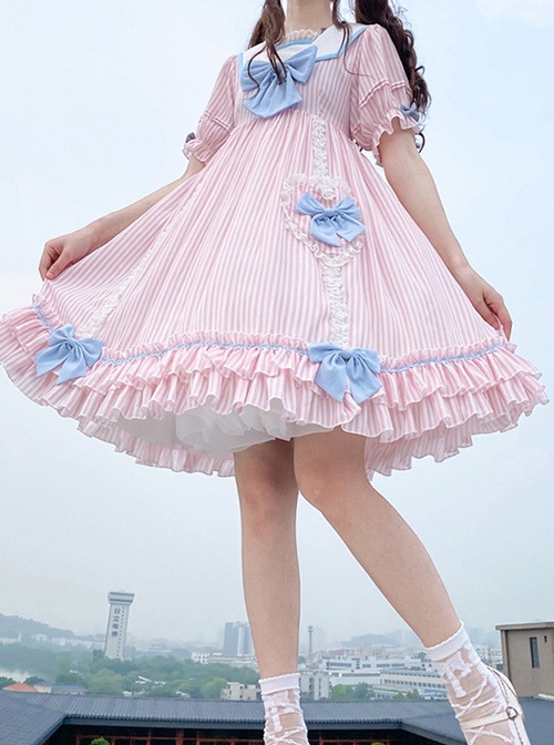 Summer Sweetheart Series Fresh Daily Navy Collar High Waist Striped Love Bowknot Lace Sweet Lolita Short Sleeve Dress