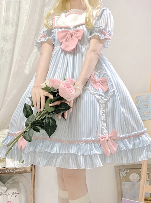 Summer Sweetheart Series Fresh Daily Navy Collar High Waist Striped Love Bowknot Lace Sweet Lolita Short Sleeve Dress