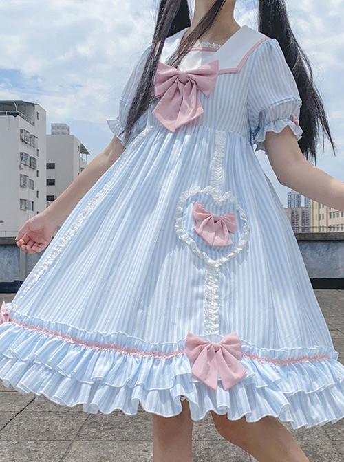 Summer Sweetheart Series Fresh Daily Navy Collar High Waist Striped Love Bowknot Lace Sweet Lolita Short Sleeve Dress