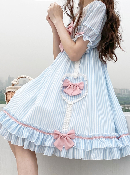 Summer Sweetheart Series Fresh Daily Navy Collar High Waist Striped Love Bowknot Lace Sweet Lolita Short Sleeve Dress