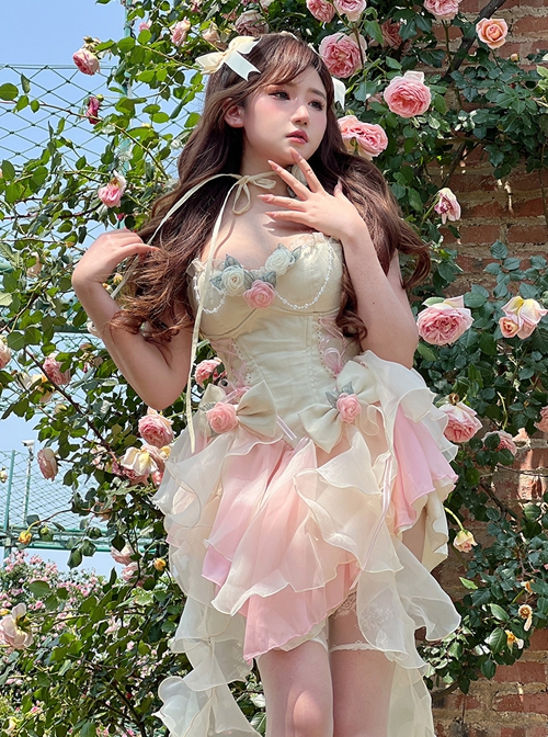 Peach Snow Mountain Series Romantic Temperament Fairy High Waist Slim Bowknot Flower Gradient Hem Sweet Lolita Sleeveless Dress