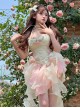 Peach Snow Mountain Series Romantic Temperament Fairy High Waist Slim Bowknot Flower Gradient Hem Sweet Lolita Sleeveless Dress