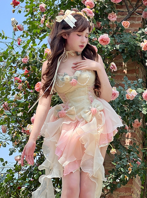 Peach Snow Mountain Series Romantic Temperament Fairy High Waist Slim Bowknot Flower Gradient Hem Sweet Lolita Sleeveless Dress