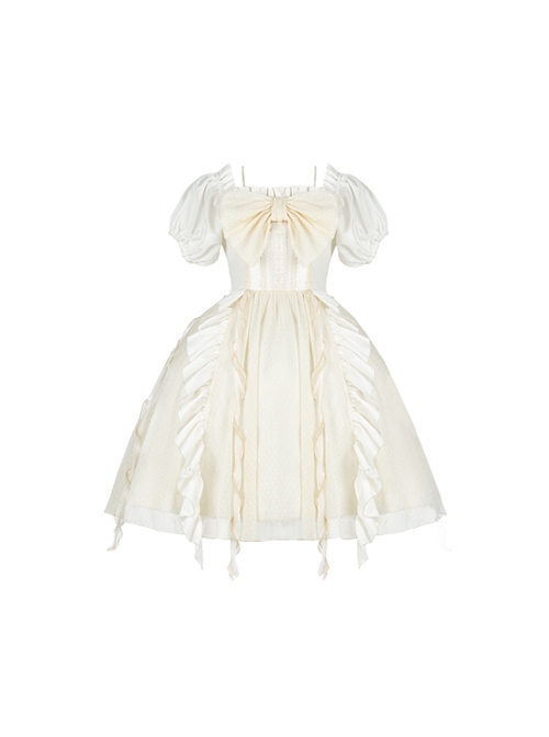 Spring Summer Pure Color Puff Sleeve Elegant Bowknot Decoration Detachable Trailing Classic Lolita Short-Sleeved Dress