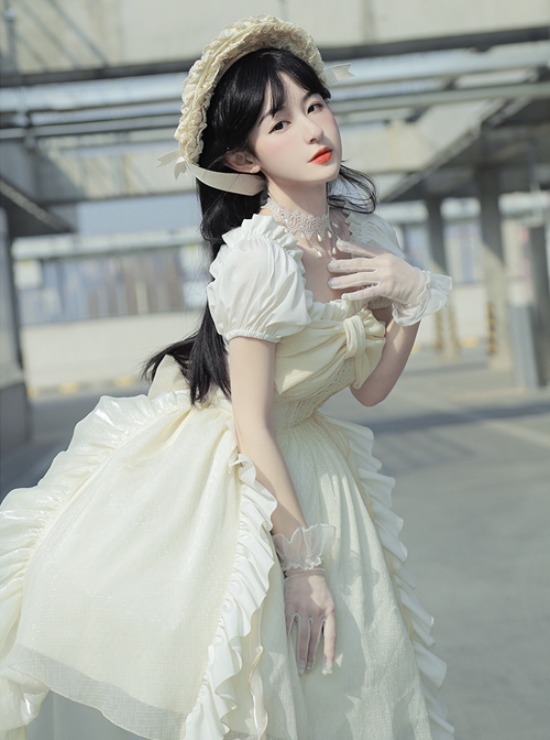 Spring Summer Pure Color Puff Sleeve Elegant Bowknot Decoration Detachable Trailing Classic Lolita Short-Sleeved Dress