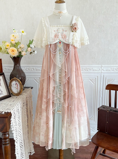 Chinese Style New Chinese Style Han Element Embroidery Bead Chain Decoration Gorgeous Elegant Hanfu Sleeveless Dress Suit