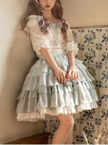 Flower Language Series White Lace Lantern Sleeve Top Blue Flower Decoration Cake Skirt Classic Lolita Top Skirt Set