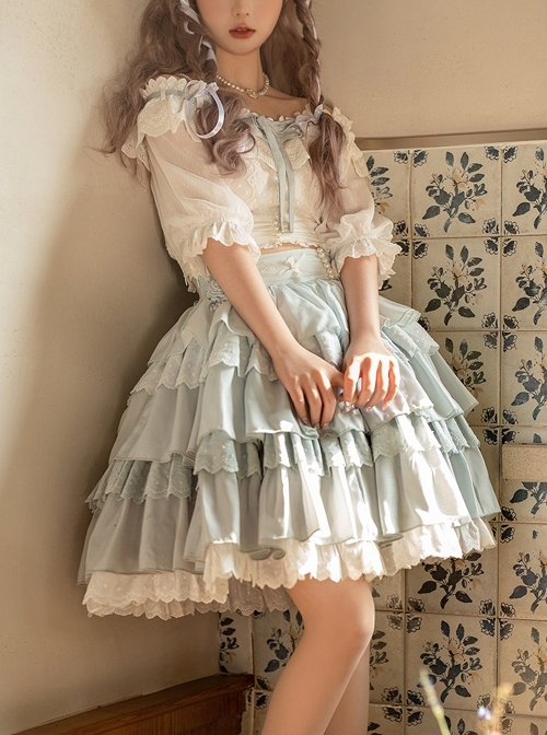Flower Language Series White Lace Lantern Sleeve Top Blue Flower Decoration Cake Skirt Classic Lolita Top Skirt Set