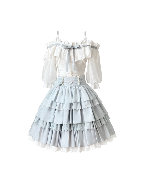 Flower Language Series White Lace Lantern Sleeve Top Blue Flower Decoration Cake Skirt Classic Lolita Top Skirt Set