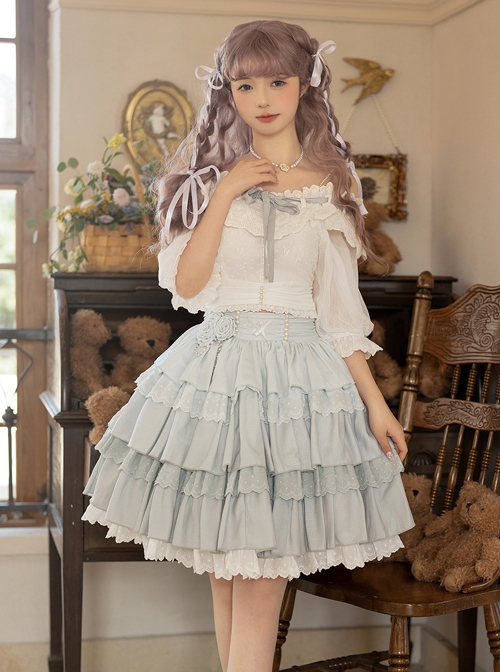 Flower Language Series White Lace Lantern Sleeve Top Blue Flower Decoration Cake Skirt Classic Lolita Top Skirt Set