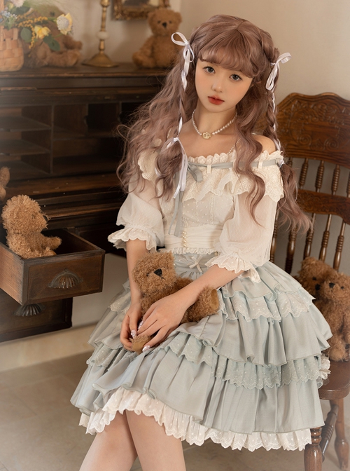 Flower Language Series White Lace Lantern Sleeve Top Blue Flower Decoration Cake Skirt Classic Lolita Top Skirt Set