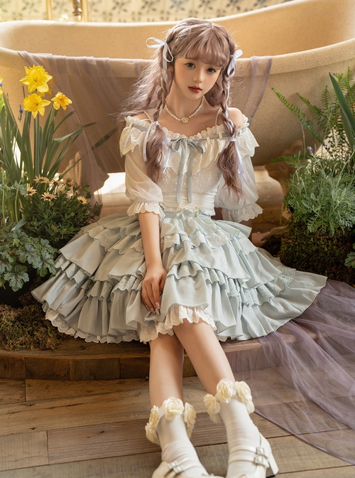 Flower Language Series White Lace Lantern Sleeve Top Blue Flower Decoration Cake Skirt Classic Lolita Top Skirt Set