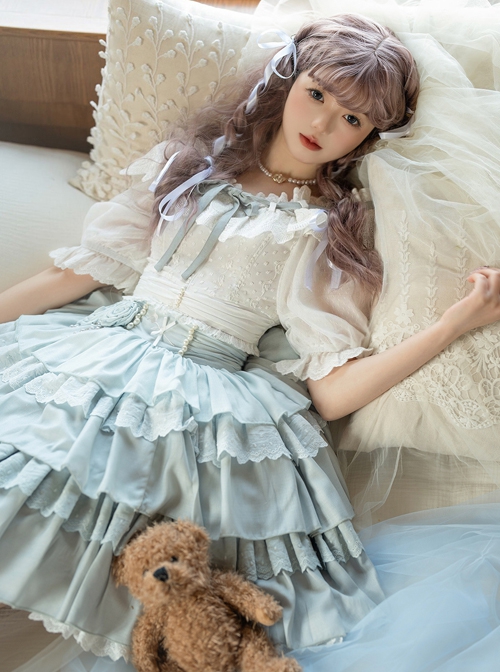 Flower Language Series White Lace Lantern Sleeve Top Blue Flower Decoration Cake Skirt Classic Lolita Top Skirt Set