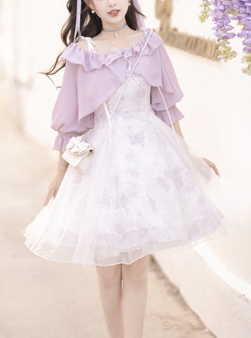 Daily Elegant Girl Purple Lantern Sleeve Short Coat Rose Print Slim Fit Classic Lolita Sleeveless Dress Set