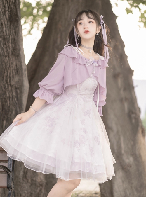 Daily Elegant Girl Purple Lantern Sleeve Short Coat Rose Print Slim Fit Classic Lolita Sleeveless Dress Set