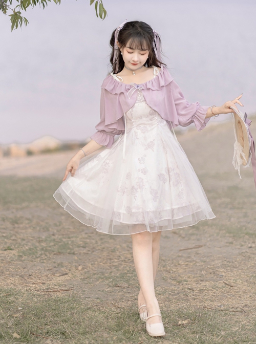 Daily Elegant Girl Purple Lantern Sleeve Short Coat Rose Print Slim Fit Classic Lolita Sleeveless Dress Set