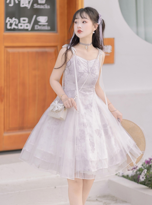 Daily Elegant Girl Purple Lantern Sleeve Short Coat Rose Print Slim Fit Classic Lolita Sleeveless Dress Set