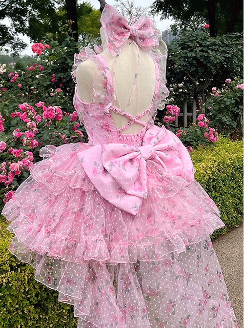 Rose Dream Series Elegant Square Neck Rose Print Polka Dot Mesh Pink Tassel Classic Lolita Sleeveless Dress