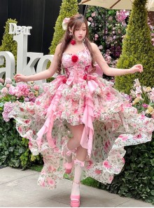 Rose Floral Print Stereoscopic Rose Decoration Oversized Bowknot Trailing Design Backless Classic Lolita Sleeveless Dress