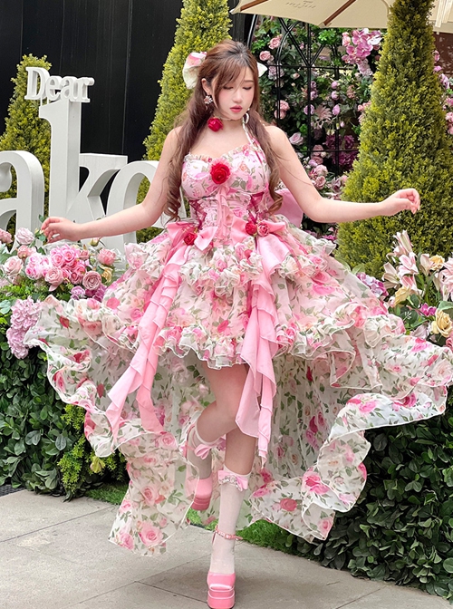 Rose Floral Print Stereoscopic Rose Decoration Oversized Bowknot Trailing Design Backless Classic Lolita Sleeveless Dress