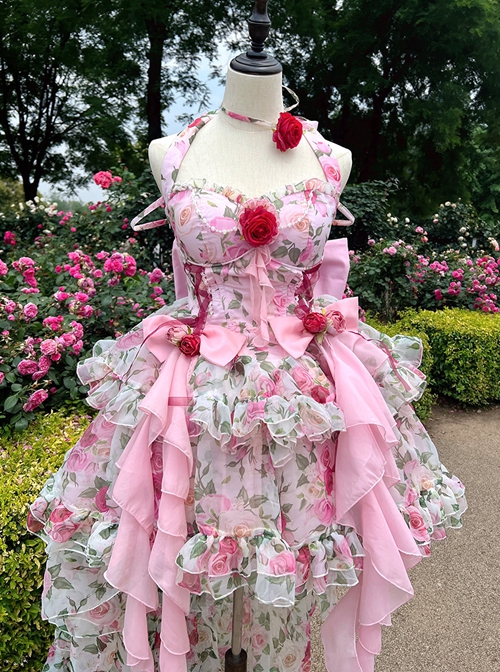 Rose Floral Print Stereoscopic Rose Bowknot Decoration Oversized Bowknot Trailing Design Backless Classic Lolita Sleeveless Dress