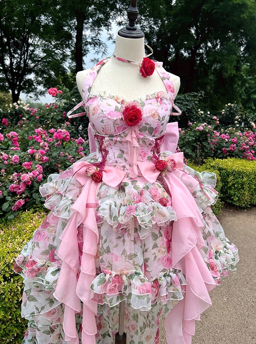 Rose Floral Print Stereoscopic Rose Decoration Oversized Bowknot Trailing Design Backless Classic Lolita Sleeveless Dress