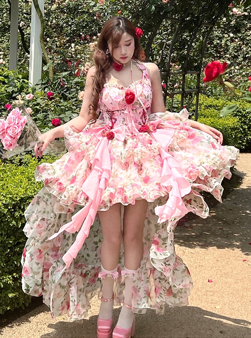 Rose Floral Print Stereoscopic Rose Decoration Oversized Bowknot Trailing Design Backless Classic Lolita Sleeveless Dress