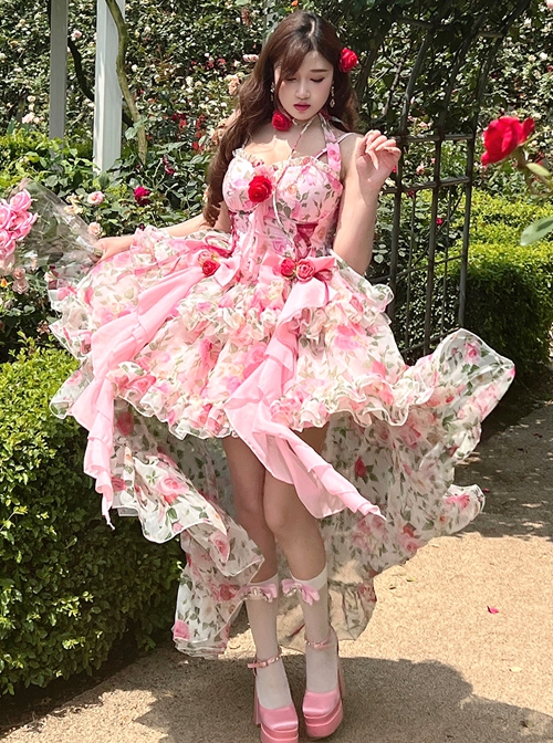 Rose Floral Print Stereoscopic Rose Decoration Oversized Bowknot Trailing Design Backless Classic Lolita Sleeveless Dress