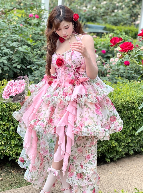 Rose Floral Print Stereoscopic Rose Decoration Oversized Bowknot Trailing Design Backless Classic Lolita Sleeveless Dress